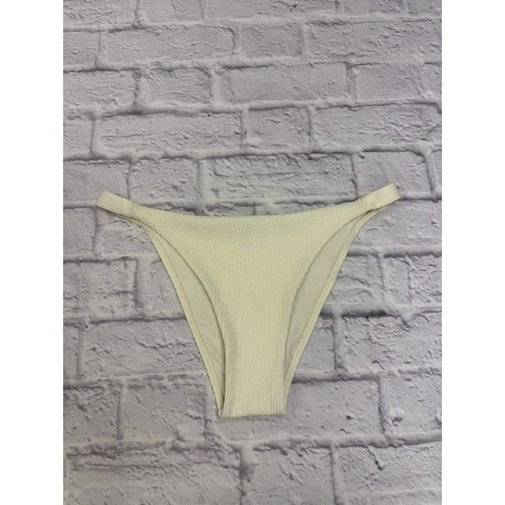 Monday Swimwear Bikini Bottom Ivory White Smocked Crinkle High Cut Cheeky Large